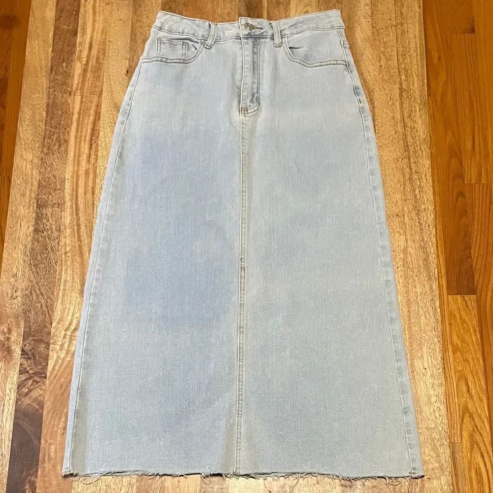 Light Blue Stretch Denim Midi Skirt
